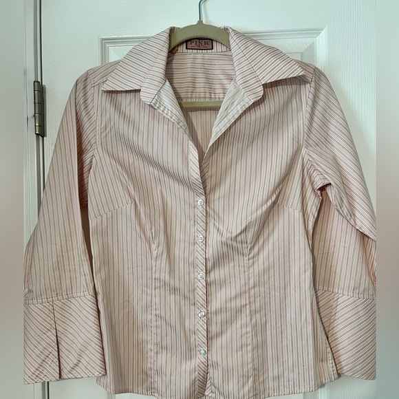 Thomas Pink Shirt Women’s 4 Button Up Pink Striped French Cuffs Collared Career - Picture 4 of 10